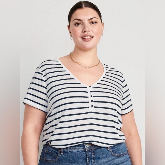 Old Navy Striped Linen-Blend Cropped Henley for Women- Size 2X- NWT - Picture 1 of 8